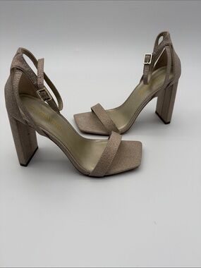 Light Gold Sparkle Open Toe ankle strap  Chunky High Heel Shoes Size 6.5